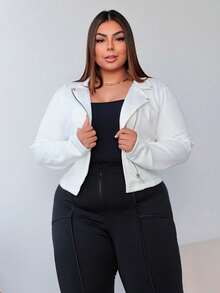 Jaqueta feminina casual elegante de camurça com zíper, mangas regulares na altura do pulso e gola decotada - Branco - Visão 1