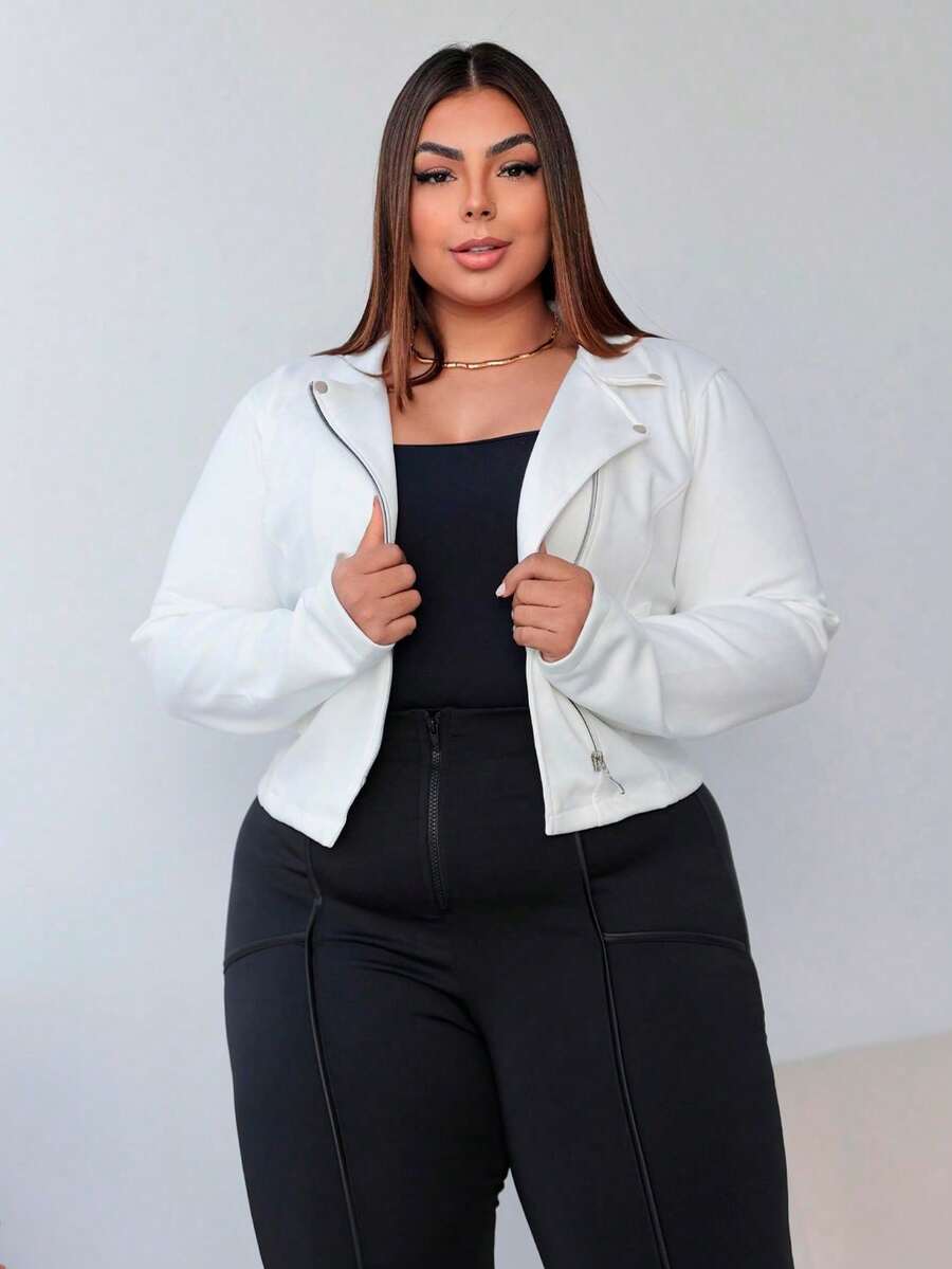 Jaqueta feminina casual elegante de camurça com zíper, mangas regulares na altura do pulso e gola decotada - Branco - Visão 1