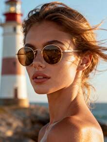 vintage com armação pequena e redonda, modelo feminino, elegantes e sofisticados para fotografia urbana casual, acessórios de praia, perfeitos para férias de verão, atividades ao ar livre e viagens. Armação oval, ideais para passeios e para a volta às aulas. - chá dourado - Ver 1