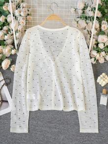 女士波点V领长袖针织罩衫，轻薄透气，休闲甜美，春夏款 - 杏色 - 查看 9