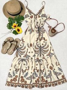 Women's Casual Vacation Bohemian V-Neck Strapless Backless Pleated Bird Print Maxi Dress, Suitable For Spring/Summer Beach Party Elegant - Multicolor - View 3
