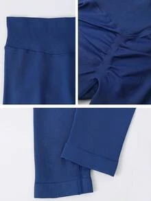 1pc Women's Solid Color Ribbed High Waist Seamless Elastic Outdoor Sports Pants Spring - Navy Blue - View 4