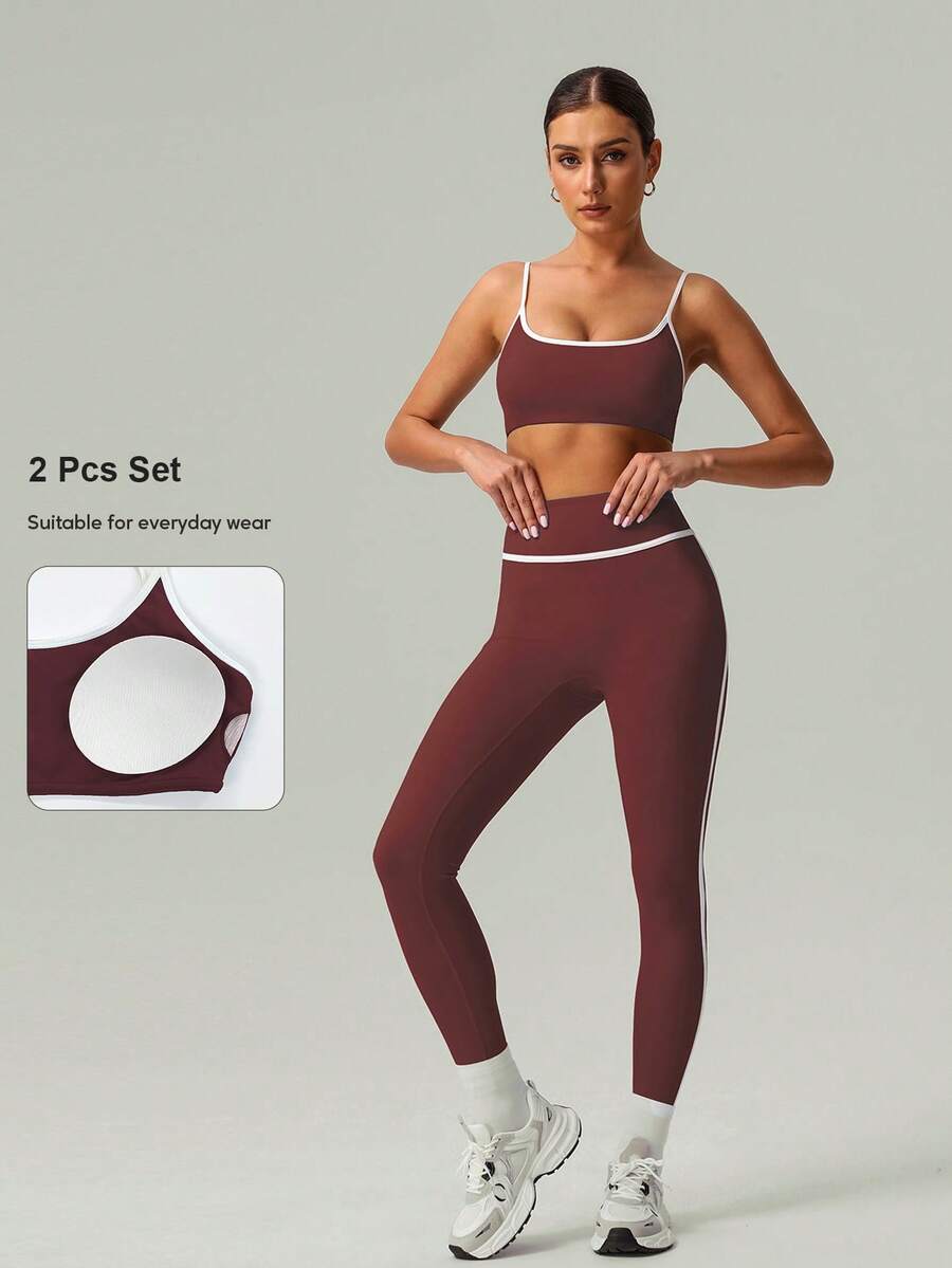 2 PCS CO Ord Set Spring And Summer Women Fashion White Line Yoga Sports Bra And Leggings
