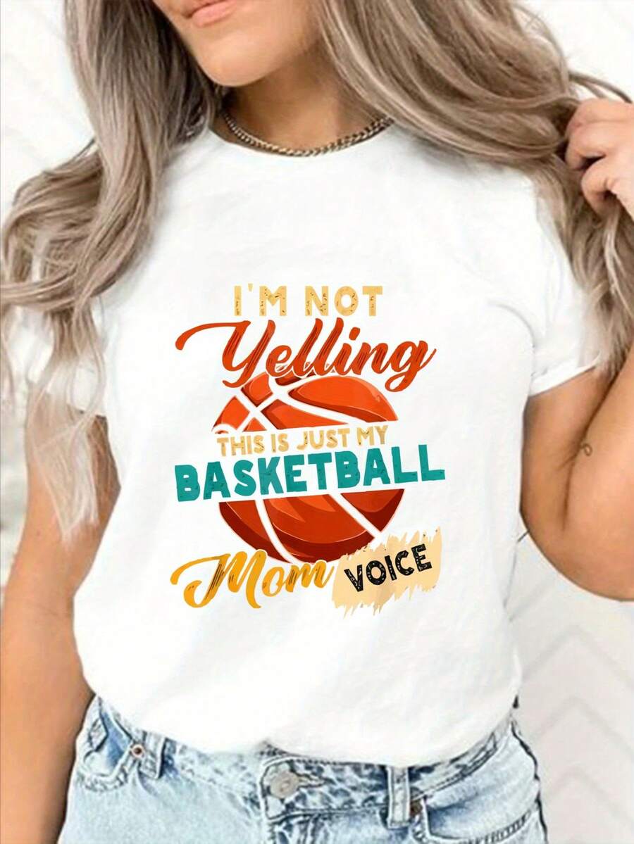 Camiseta con estampado de baloncesto, de manga corta y cuello redondo, top casual para verano y primavera, ropa de mujer - Blanco - Ver 1