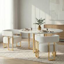 Modern White Boucle Dining Chairs Set Of 4 With Gold Metal Legs, Mid Century Barrel Kitchen Chairs Set, Upholstered Accent Armchairs Dining Room Table Set, Living Room, Apartment (White, 4pcs) - 白色 - 查看 6
