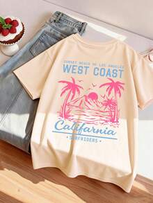 女童西海岸风格印花圆领短袖T恤，春夏新款 - 杏色 - 查看 2