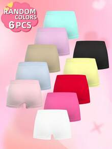 6pcs Random Color Teen Girls Minimalist Solid Color Sports Shorts, Seamless Soft Skin-Friendly Breathable Basic Boxer Briefs, Suitable For All Seasons Daily Wear - Multicolor - View 2