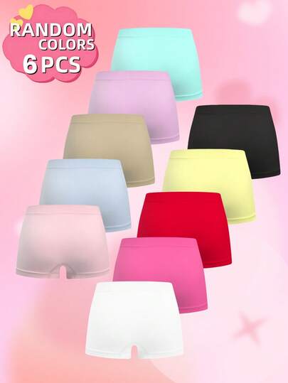 6pcs Random Color Solid Casual Shorts For Teenage Girls, Seamless Soft Breathable Basic Briefs, Suitable For All Seasons Daily Wear
