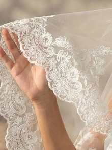 1pc Elegant Lace Trim Bridal Veil, Suitable For Wedding, Party, Eid Festival - Milky - View 8
