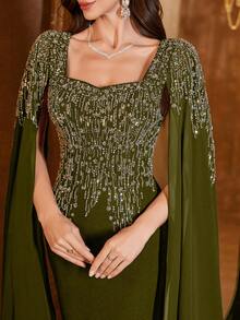 UNITHORSE Women's Square Neck Extra Long Sleeve Embroidered Fitted Linen Formal Dress Vacation Wedding Party Fall - Olive Green - View 1