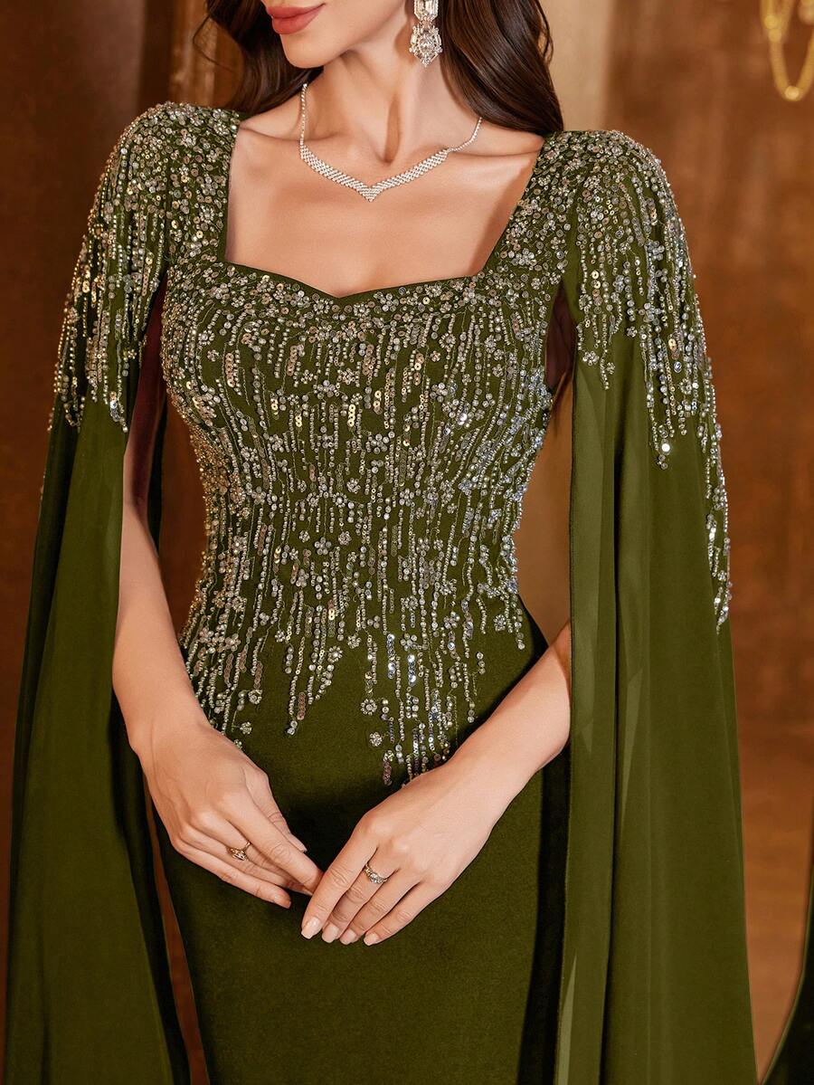 UNITHORSE Women's Square Neck Extra Long Sleeve Embroidered Fitted Linen Formal Dress Vacation Wedding Party Fall - Olive Green - View 1