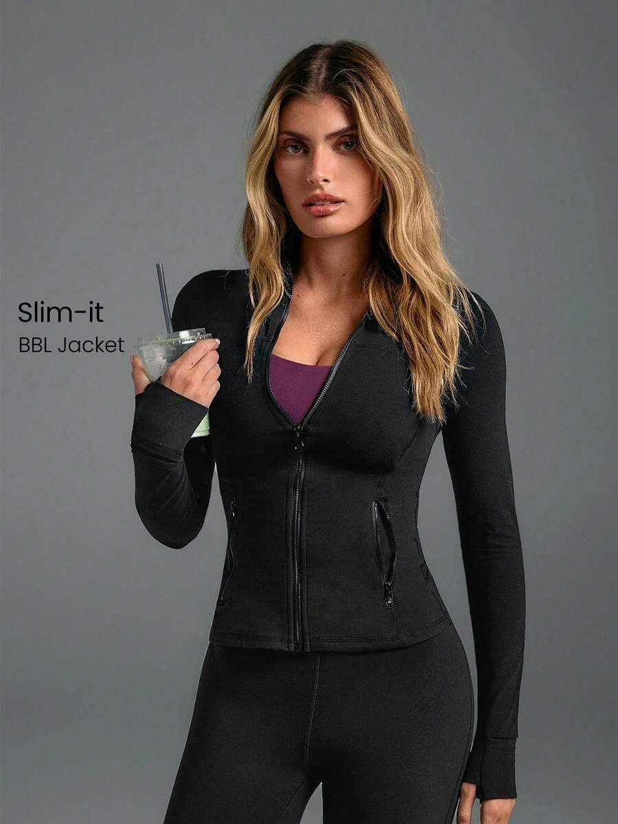 Slim-It Streamline Performance Secure Pockets Zip Up Long Sleeve Jacket Low Impact Yoga Daily Fall Glowmode Gym Clothes Women - 黑色 - 查看 1