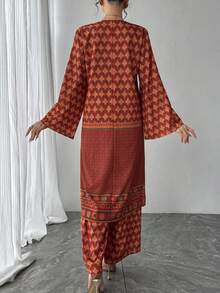 2pcs Women's Set, Orange Geometric Print V-Neck Flare Sleeve Long Pullover Top + Elastic Waist Wide Leg Pants, Elegant Ladies Suit, Luxury Color Block Outfit For Formal Occasions, Parties, Daily Wear - Orange - View 2