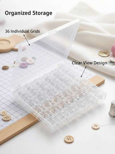 1 علبة تخزين بكرات ماكينة الخياطة البلاستيكية، علبة بكرات خيوط ماكينة الخياطة، علبة تنظيم بلاستيكية شفافة، منظم تخزين بكرات فارغة 36 فتحة، و 36 بكرة تخزين بلاستيكية