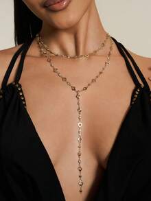 Altistry 1pc Fashionable Personalized Random Color Zirconia Oval Metal Chain Y-Necklace, Suitable For Travel, Dates, Parties And Other Occasions - Yellow Gold - View 1