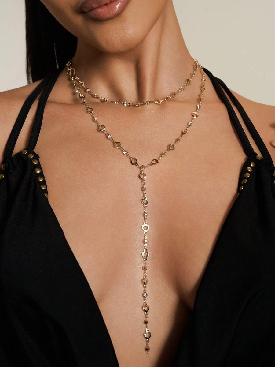 Altistry 1pc Fashionable Personalized Random Color Zirconia Oval Metal Chain Y-Necklace, Suitable For Travel, Dates, Parties And Other Occasions - Yellow Gold - View 1