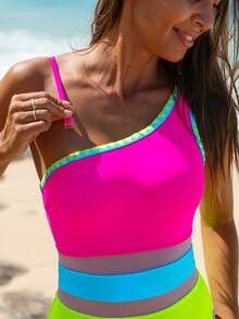 popvil Women's Color Block One-Piece Swimsuit With Mesh Waist, Beach Vacation - Multicolor - View 4