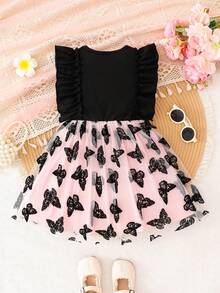 女婴夏季短袖蝴蝶结撞色网纱时尚连衣裙 - 彩色 - 查看 2