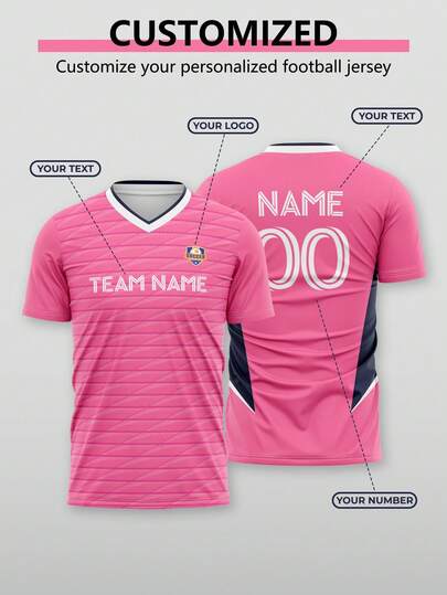 1pc Custom Pink Striped Football Training & Match Uniform, Suitable For 2026 World Cup. These Football Jerseys Can Be Personalized With Name, Number, Team Name And Logo Printing On Front And Back, Suitable For Football Training, Matches And Team Sports.