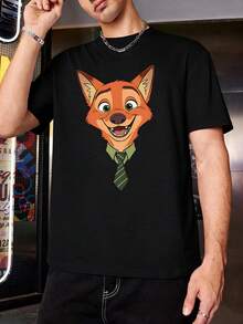 Disney Men's Casual T-Shirt, Zootopia Nick Wilde Portrait Print, Cute Cartoon Graphic, Soft Fabric, Ideal For Daily Wear - Black - View 1