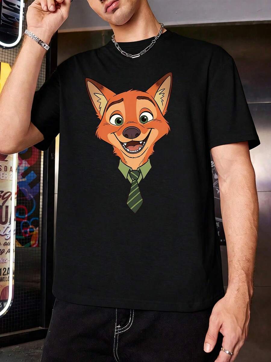 Disney Men's Casual T-Shirt, Zootopia Nick Wilde Portrait Print, Cute Cartoon Graphic, Soft Fabric, Ideal For Daily Wear - Black - View 1