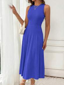 Women's Summer Mid-Length Dress Sleeveless Crew Neck Knitted A-Line Pleats Set Casual Wedding Guest Sundress - màu xanh sáng - Xem 4