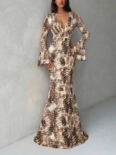 Essential Women's Elegant Deep V-Neck Evening Gown, Featuring Dramatic Ruffle Puff Sleeves And Mermaid Silhouette Skirt, Suitable For Formal Occasions Such As Galas, Luxury Weddings, Opera Premieres, High-End Charity Events, Diplomatic Receptions, And Vacations