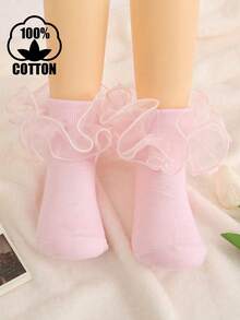 1 par de calcetines cortos de algodón para niños pequeños de todas las estaciones, unicolor con encaje y volantes, calcetines de baile, calcetines de princesa para bebé - Rosa - Ver 8