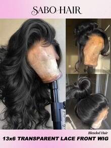 200% Density 24 Inch Natural Black Color 13x4 13x6 HD Transparent Lace Front Wigs Pre Plucked Hairline Wigs 24 Inch Glueless Body Wave Human Blended Hair Women's Fashion Wig Suitable For Daily Wear Or Gatherings - Natural & Black - View 3