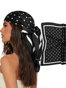 1件女款優雅波點緞面方巾，法式絲巾，輕盈透氣，適合各種場合 - 黑色 - 查看 5