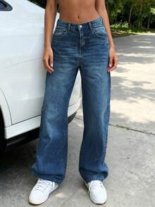 Jeans rectos casuales y holgados de estilo retro para mujer, primavera - Azul lavado oscuro - Ver 2