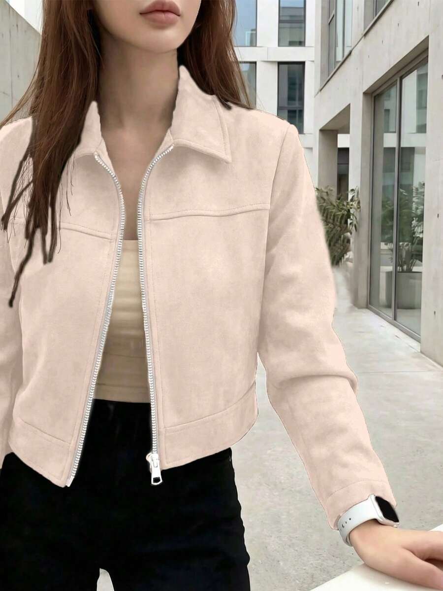 女士仿麂皮拉链翻领休闲外套，适合春秋季穿着 - 杏色 - 查看 1