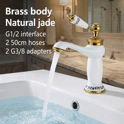 حنفية بالوعة سيراميك أبيض بطراز قصر قديم، ذات مقبض واحد للتحكم في الماء الساخن والبارد لبالوعة الحمام، صنبور بالوعة المغسلة، سن عام G1/2، 2 قطعة محول G3/8، 2 قطعة خرطوم إمداد مياه 50 سم