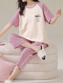 AICJ Bộ 2 món đồ mặc nhà nữ màu trơn tay raglan, quà tặng Ngày của Mẹ, áo ngủ cổ tròn in hình gấu hoạt hình và quần short kẻ caro, thích hợp cho mùa xuân/hè. - Màu tím hoa cà - Xem 1
