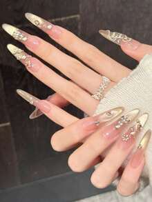 10pcs Handmade Coffin/Elongated Oval/Stiletto Nail Stickers, Suitable For Parties And Daily Wear, "Golden Diamond Gradient" Design, Luxurious And Elegant, Easy To Apply, 10pcs Y2K Style Handmade Nail Stickers For Women, Suitable For Holidays, Parties And Daily Wear - Pink - View 3