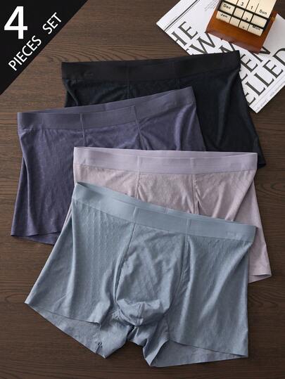 4条/套 男士弹力几何图案三角裤，提花编织纯色腰带平角内裤，适合日常穿着，四季皆宜