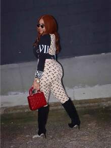 Millennium Spicy Girl Style Street Party Vacation Fashion Moon Print Design Elastic Slim Fit Sexy Long Sleeved Top And Pants Set - 黑色 - 查看 1