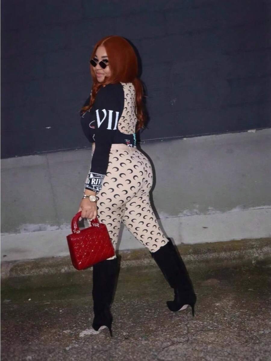 Millennium Spicy Girl Style Street Party Vacation Fashion Moon Print Design Elastic Slim Fit Sexy Long Sleeved Top And Pants Set - 黑色 - 查看 1