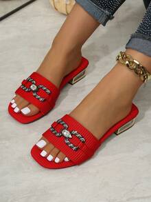 Chic Feet 红色罗纹凉拖鞋 | 方头低跟穆勒鞋，饰有水钻搭扣 - 紅色 - 查看 6