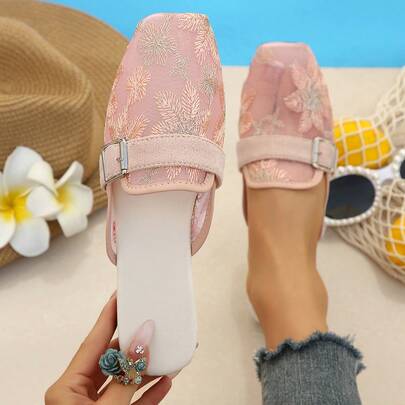 夏季新款韩版女童露后跟网纱刺绣一脚蹬拖鞋，百搭平底鞋