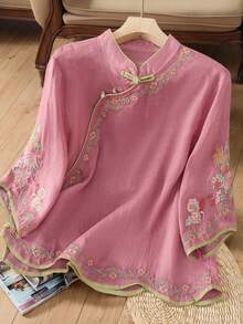 JIANHU 春夏刺绣立领上衣，现代中式纽扣设计，宽松优雅百搭衬衫 - 西瓜粉 - 查看 2