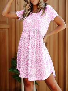 Women Leopard Print Round Neck Loose Casual Short Sleeve T-Shirt Dress - Hồng - Xem 1