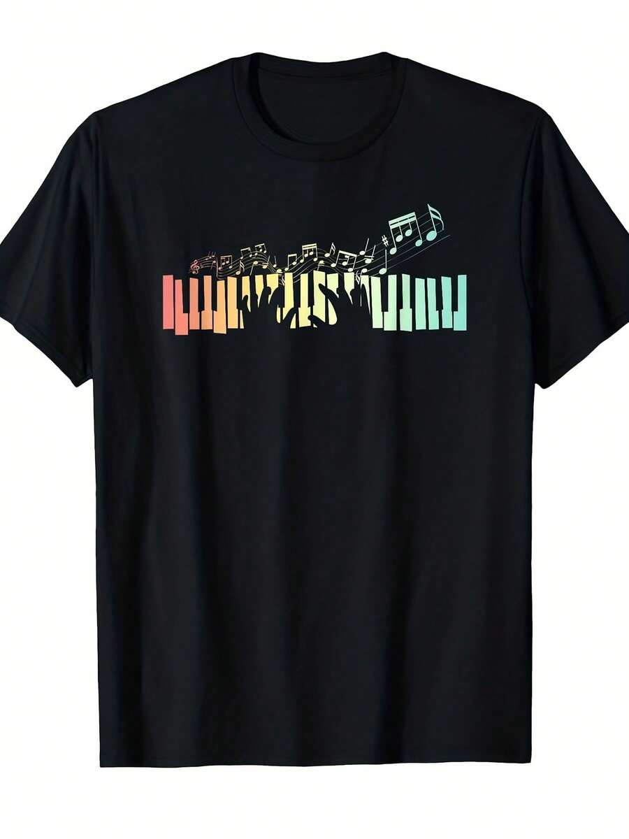 Camiseta gráfica de teclado de piano y notas musicales para hombres - con impresión de teclas de piano y partitura colorida, estilo retro, camiseta casual de manga corta y cuello redondo para músicos, pianistas - atuendo casual cómodo, regalo ideal para amantes del piano - Multicolor 1 - Ver 1