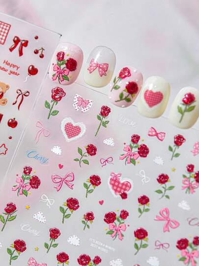 1 Stück 5D vergoldeter Nagelkunst Aufkleber, süße Rose, herzförmiges Nagelkunst Accessoire, selbstklebende Valentinstag Nageldekoration