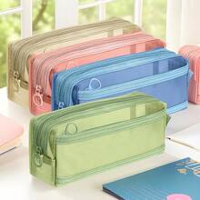 Mesh Pencil Case, Double Layer Large Capacity Transparent Stationery Bag, Student Exam Pencil Pouch, Middle School Exam Dedicated Stationery Bag - Multicolor - View 4