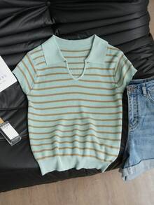 Women's Knit Top, Stylish Slimming Striped Contrast Color V-Neck Knit Sweater, Short Sleeve Summer - Blue - View 6