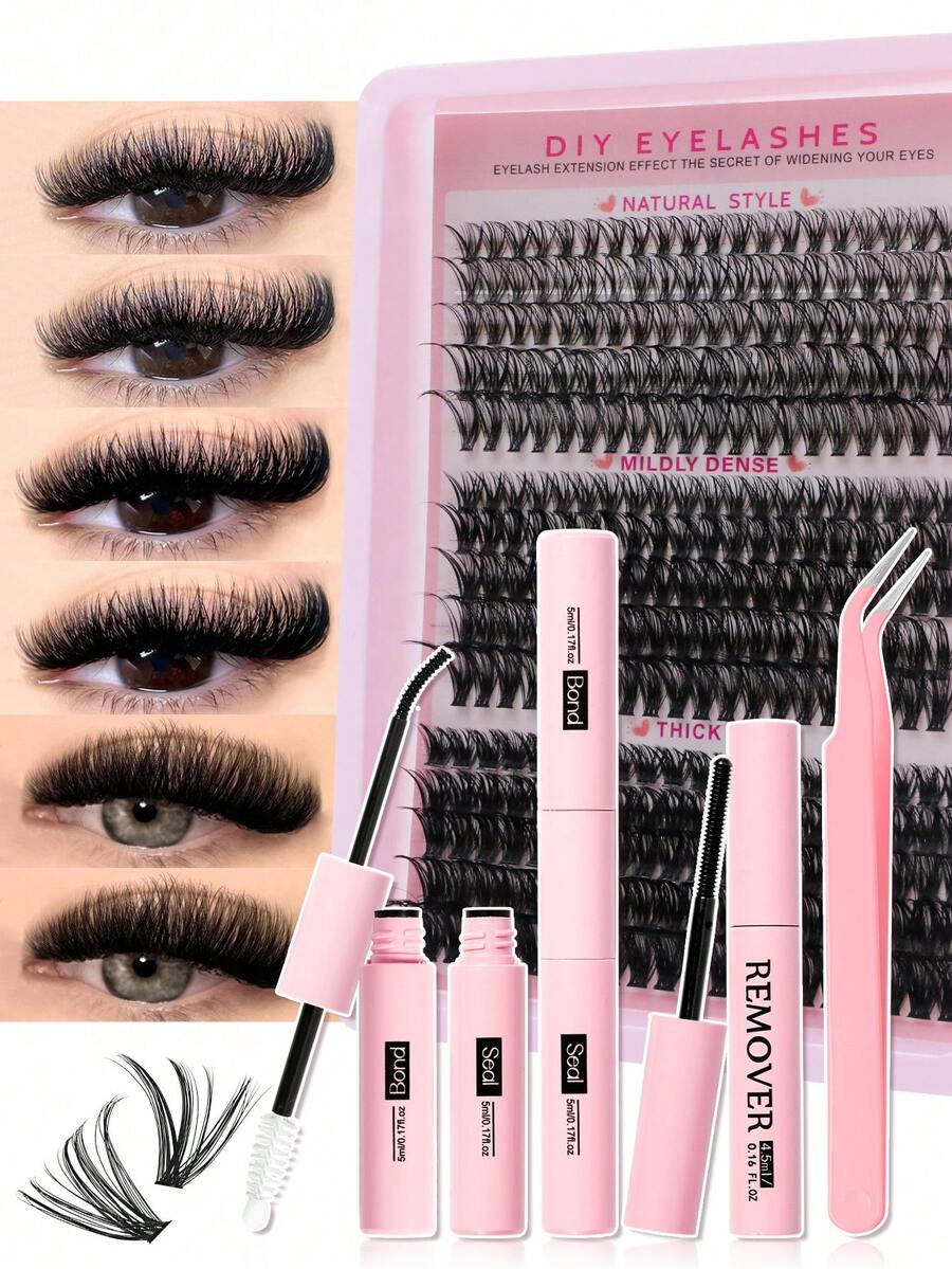 300 pièces Kit d'extension de cils 3-en-1 - Comprend faux cils, colle, démaquillant, pinces à épiler et brosse, ensemble de soins des cils professionnel facile pour débutants à utiliser à la maison - Multicolore - Voir 1