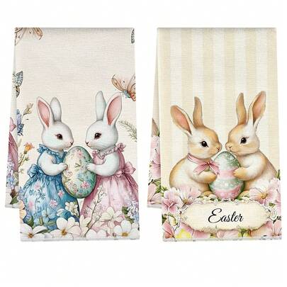 2pcs Kitchen Towels, Modern Kitchen Supplies Easter Bunny Egg Pattern Super Soft Microfiber Kitchen Towels, 40*60cm/15.7*23.6in Towels, Single-Sided Printed, Kitchen Dish Cloths, Suitable For Restaurant Kitchen Bathroom Decor, Holiday Gift