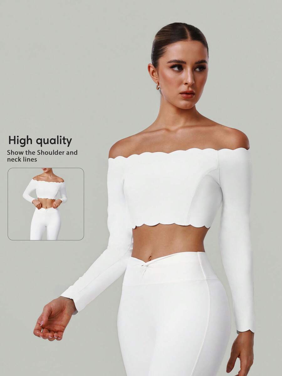 女士露肩蕾丝长袖瑜伽上衣T恤，带可拆卸胸垫