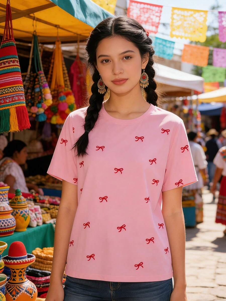 Pink Bow T-Shirt - Sweet Y2K Style For Everyday Occasions - 彩色 - 查看 1